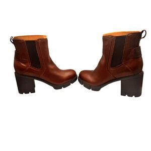 Naturalizer Waterproof Brown Leather Chelsea Boots Block Heel Lug Sole Womens